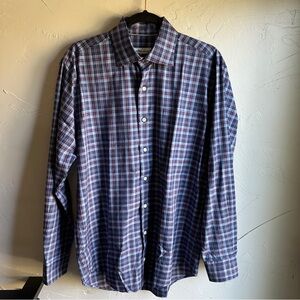 Peter Millar Men Blue and Burgundy‎ Plaid 100% Cotton Button Up Long Sleeve Sz M